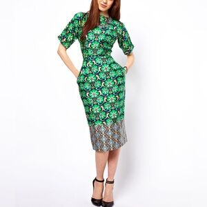 ASOS Green Floral & Geometric hem midi Dress